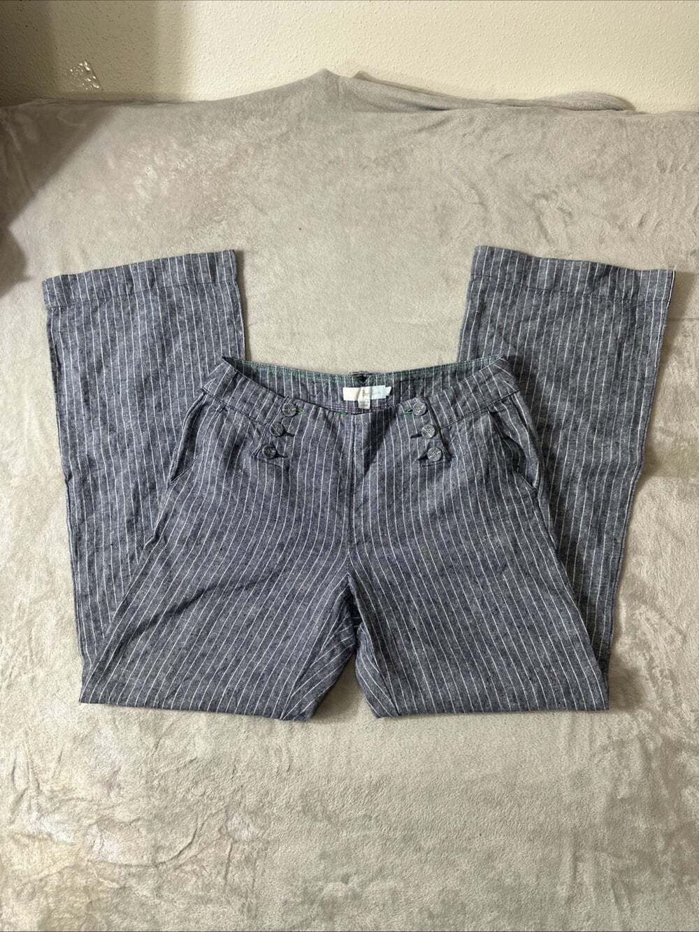 Boden Women’s 100% Linen Pinstripe Wide Leg Sailor Pants Blue White Size 10L